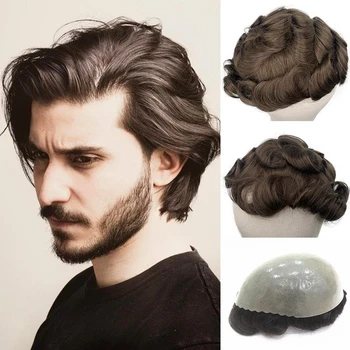 

YY Wigs Man Toupee Wigs for Men Thin PU Skin PU #4 #1B Natural Brown Remy Human Hair 6" Free Parting Replacement System