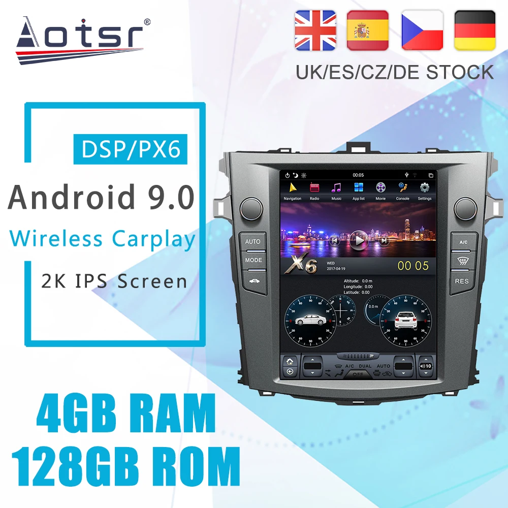 Aotsr Android 9.0 PX6 Tesla Styel For Toyota Corolla E140 2006-2012 Car DVD Player GPS Navigation DSP Auto Radio Stereo Headunit