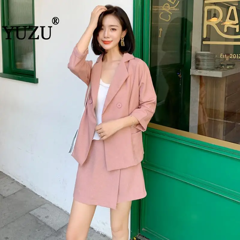 

Matching Sets Biker Shorts Set Minimalist pink Two Piece Set Blazer And Shorts Three Quarter Bat Sleeve Double Breasted Jacket