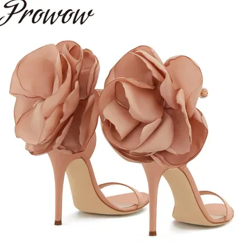 

Prowow New 2020 Spring Summer Champagne Floral Embroidery HIgh Heels Opne Toe Crystal Buckle Strap HIgh Heel Sandals Shoes Women