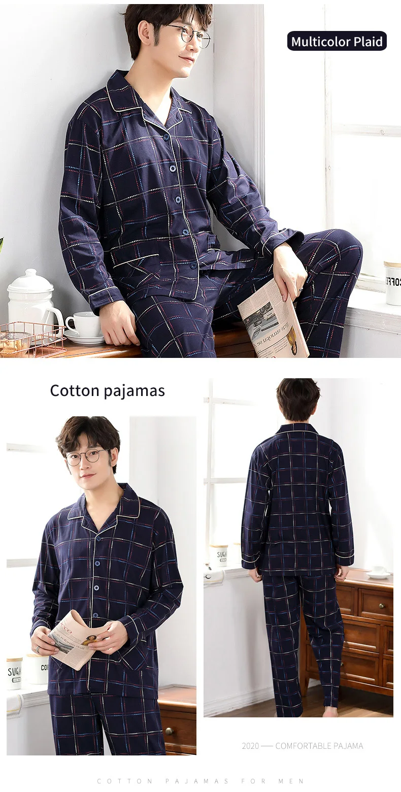 Winter Cotton Pajamas Set for Men Lounge Sleepwear 2022 Pijamas Hombre Algodon Invierno Pj Home Clothes Grey Plaid Pyjama Homme cotton pj set