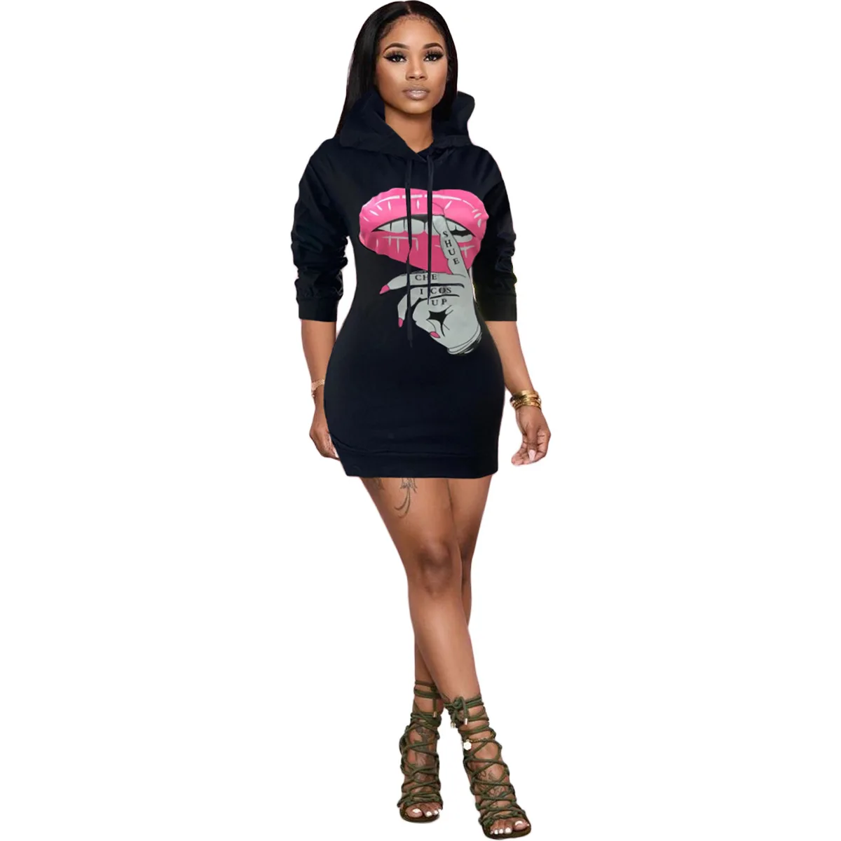 Autumn Winter Fashion New Women  Long Sleeve Printed Hooded Bodycon Sweatshirts Dress Vestidos