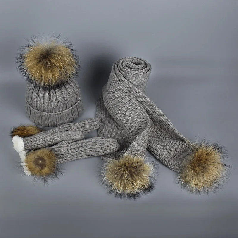 Шарф шапка и перчатки Комплект из трех предметов для женщин Skullies Beanies Помпон Мяч для шерсти Вязание осенне-зимний, теплый, полосатый шапка - Цвет: C