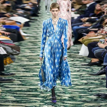 

High Fashion Blue Printed Long Sleeve Vintage Dress Women Elegant V Neck Casual Party High Street Mid Calf Autumn Vestidos 2019