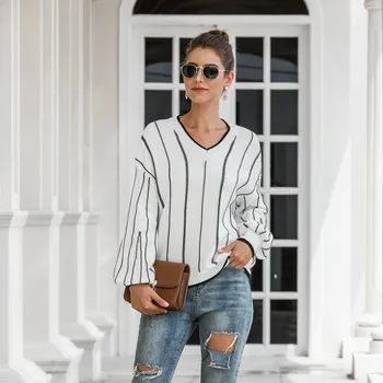 

Fashion Casual Pullover Sweater Striped V-neck Puff Sleeve Oversized Sweater Comfort Pastel New Arrival 2019 Ladies Sweaters