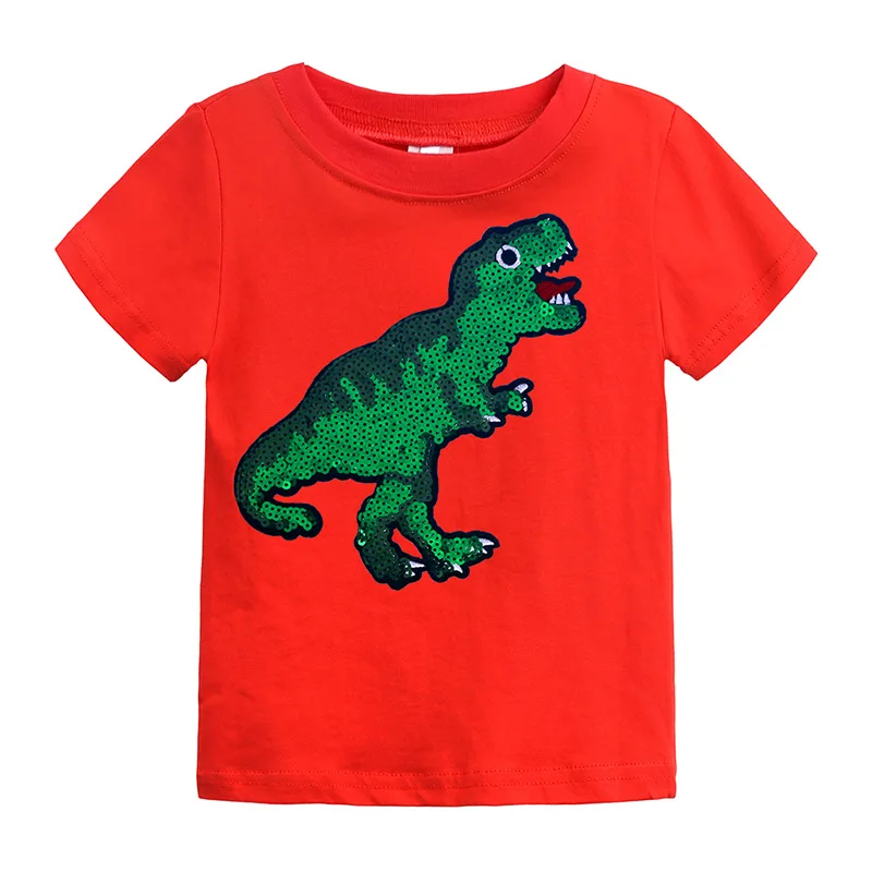 Детская футболка г. Летняя футболка с круглым вырезом и короткими рукавами, расшитая блестками, с рисунком динозавра повседневные хлопковые рубашки для маленьких девочек - Цвет: Красный