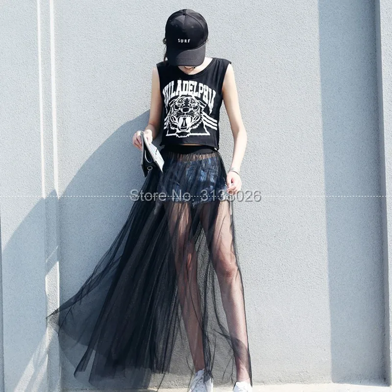 

Women High Waist sexy design Sheer Side Split Skirt Black Solid Transparent Chiffon Pleated Maxi Long Skirt Summer Hot