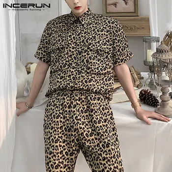 

INCERUN Fashion Men Leopard Print Sets Casual Short Sleeve Chic Streetwear Shirts Long Pants Party Pockets Men Suit 2 Pieces Set