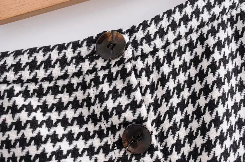 QZ807 Autumn Women's Front Split Buttons Deco Houndstooth Pattern Pencil Skirt Saias