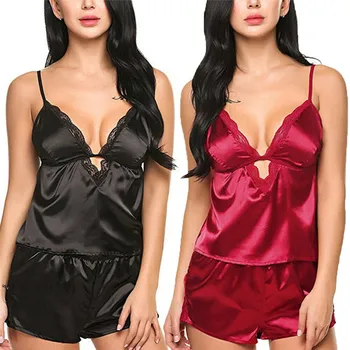 

2pcs Pajama Sets Women Sexy Satin Lace Sleepwear Babydolls Lingerie Nightdress Deep V Neck Female Silk Pajama Set