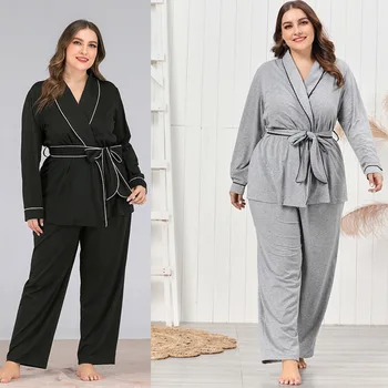 

2019 Autumn Solid-colored V-Neck Long-sleeved Belted Top Large-sized Home Suit Balck Pajama Sets Women Home Clothes 2pcs