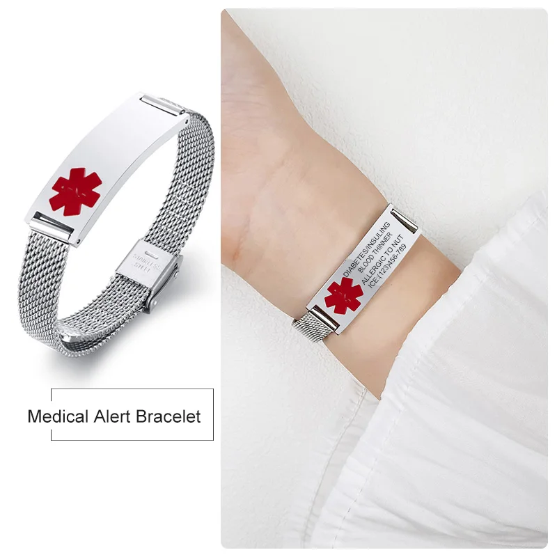 Custom Medical Alert Mesh Bracelet  ID Diabetic Bracelet for Women Men Stainless Steel Personalized Allergy Emergency Wrist medical alert engraved leather bracelets free customize stainless steel id tag diabetic epilepsy sos wristband for men jewelry