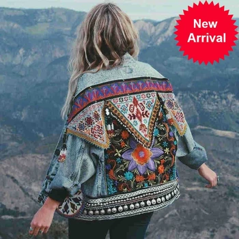 

Denim Jacket Boho For Women Autumn Floral Appliques Embroidery Vintage Coat Long Sleeve Outerwear Female Jacket Coatee