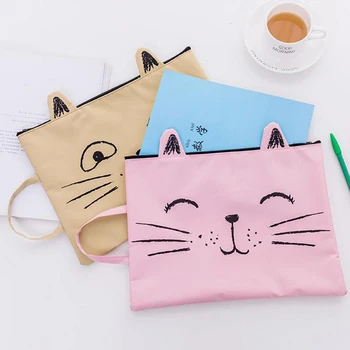 

Cute Cat Storage Bag Zipper Canvas Cartoon A4 Hand Carry File Bag Learning Materials Student Document Bag