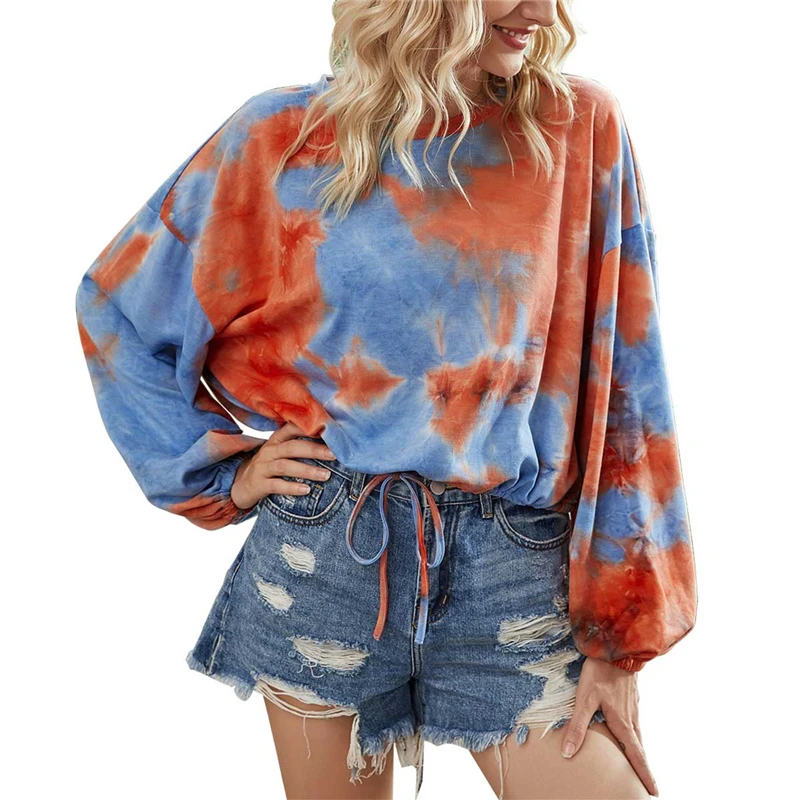 

Womens Fashion Long-sleeved Sweater Personality Tie-dye Loose Round Neck Lace up Sweatshirt