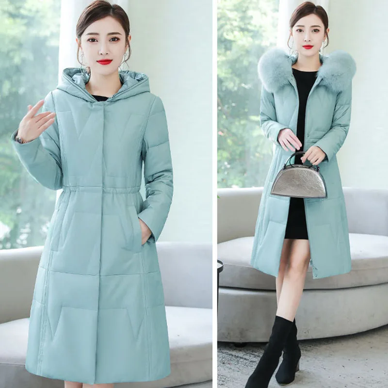 

Leather Jacket Ladies Winter 2019 New Sheep Skin Down Coat Leather Long Section Slim Artificial Fur Collar Hooded OuterwearYH578