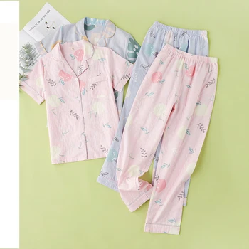 

Summer Women Sleepwear Set Cotton GauzePajamas Set Cute Ptint Short-sleeved Multicolor Pijama Girl Home Service Suit