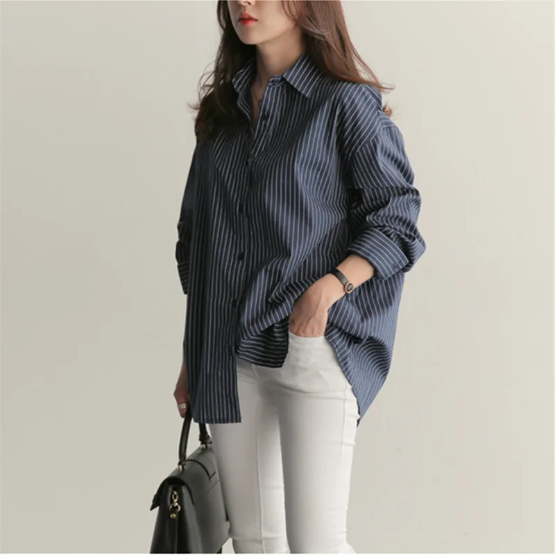 S-XL размера плюс синяя белая полосатая женская рубашка с длинным рукавом и отложным воротником Повседневный Топ Новая летняя офисная блуза