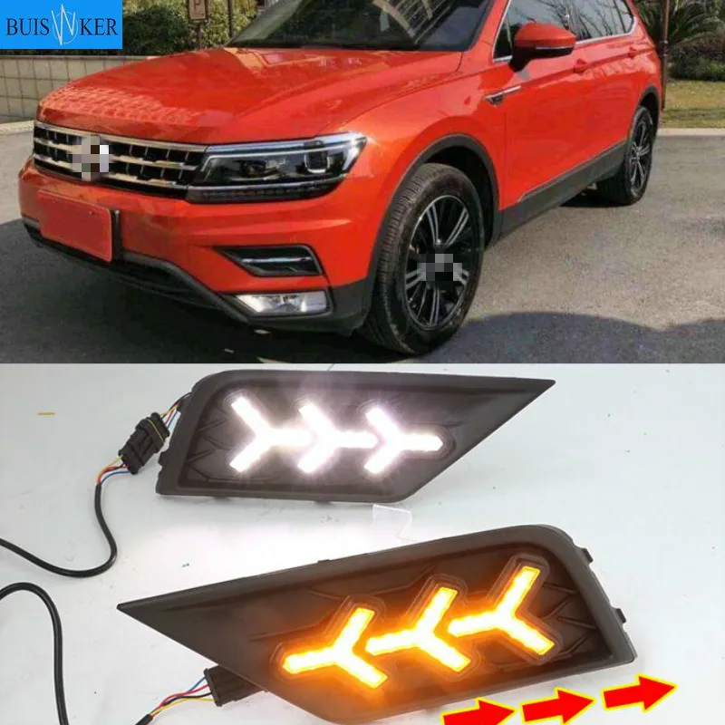 

1 пара автомобильный светильник для Volkswagen VW Tiguan 2017 2018 2019 DRL Дневной светильник с желтым сигналом поворота противотуманная фара