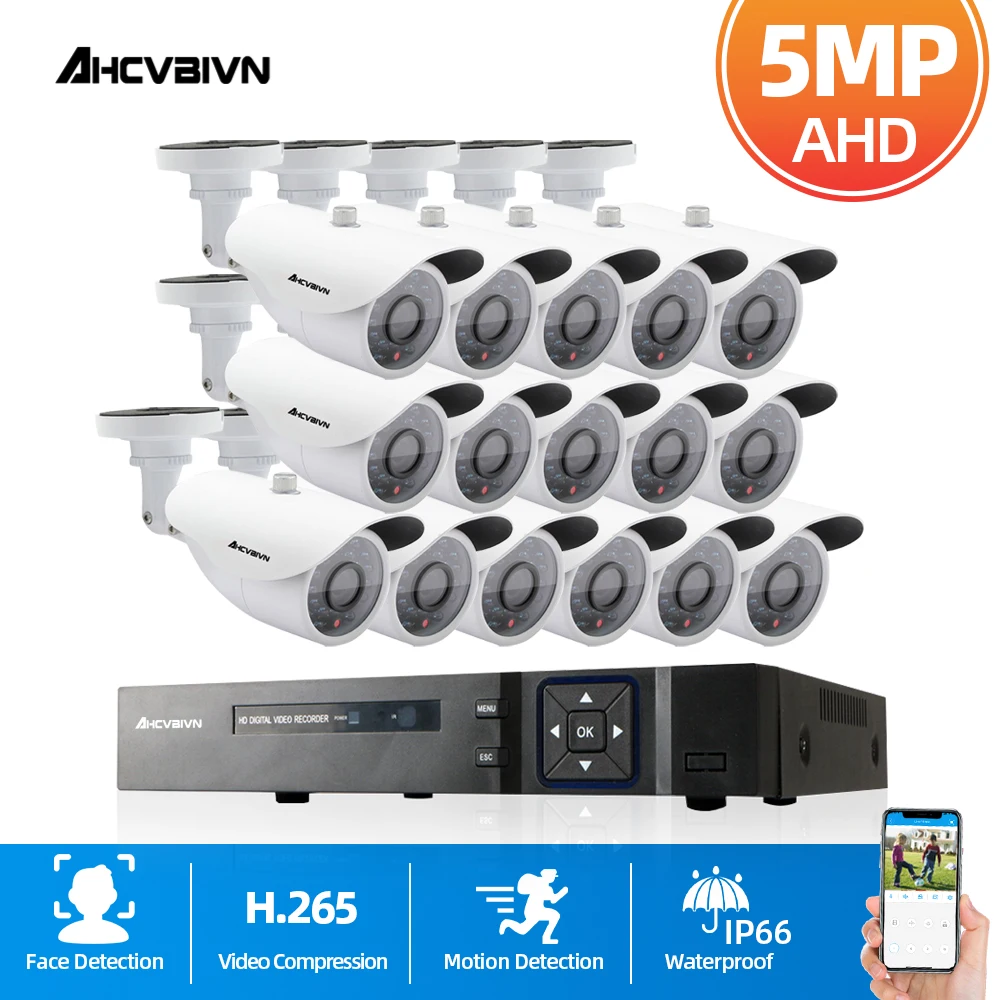 

H.265 16CH 8CH AI Human Detection Face Detection CCTV AHD DVR System 5MP 2592*1944P 3.5inch IP66 AHD Security Camera Set Xmeye
