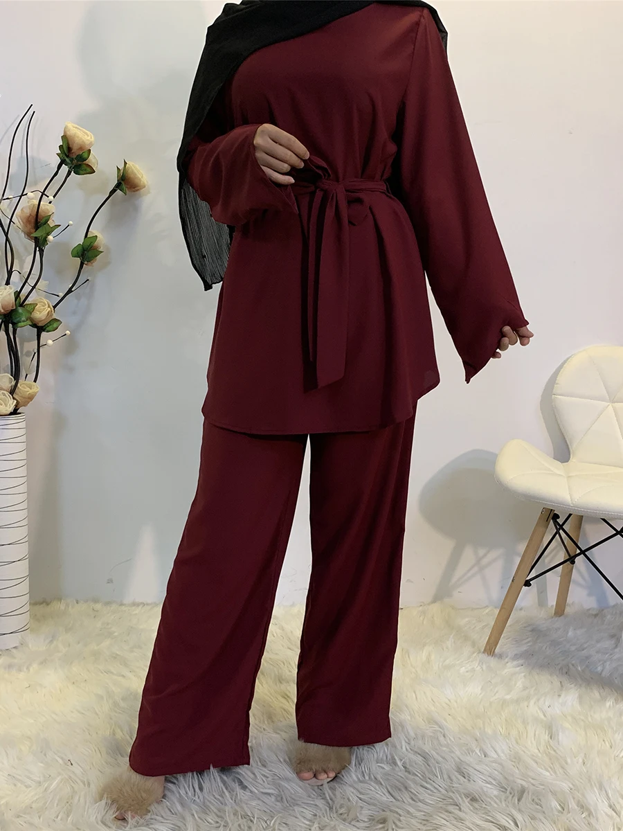 2272#2 Piece Muslim Women Set Long Blouse Flare Pants - CHAOMENG MUSLIM SHOP