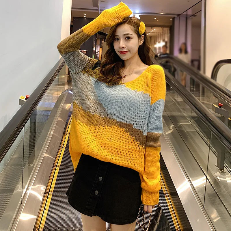 

2019 Korean Sweater Women Long Sleeve V Neck Colorful Knitted Long Women Pullover Sweater Autumn Loose Ladies Tops Smock Jumpers
