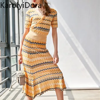 

Fashion Two Piece Set Women 2020 Spring Striped Knitted Short Sleeve V-Neck Top Sweater Slim Casual Long Skirt Suit 2PCS Twinset