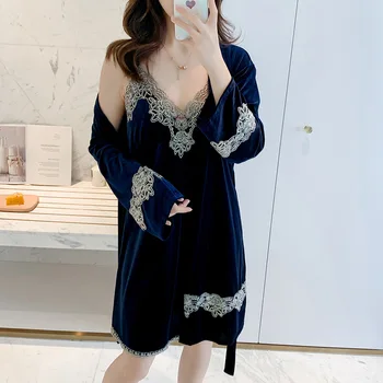 

Autumn and winter lace princess sexy gold velvet beauty back strap nightdress nightgown two-piece belt satin nightgown
