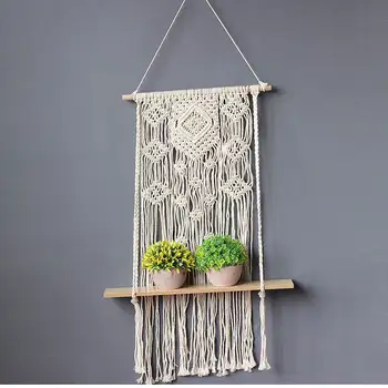 

1 Layer Bohemian Handmade Wooden Wall Hanging Tassel Floating Shelf Macrame Hanging Planter Basket Plant Hanger Pot Home Decor