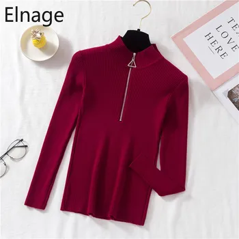 

Spring 2020 Korean Half Turtleneck Zipper Long Sleeve Women Sweater Slim Fit Black Bottoming White Pullovers Tops Knitted 5A917