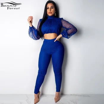 

Bonnie Forest New Chic Polka Dot Print Mesh Ruched Crop Top And Pant Set Women Tracksuit Female Party Matching Set Club Overalls