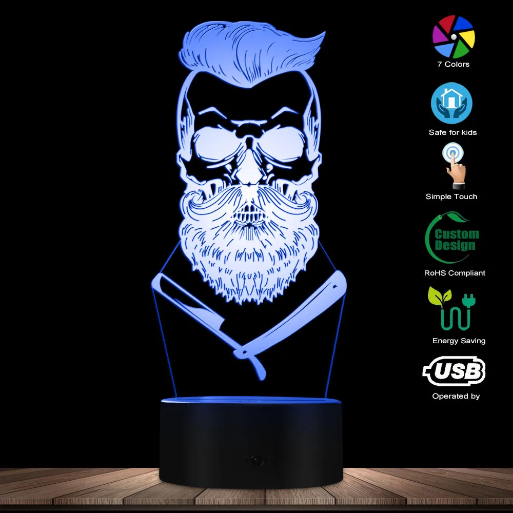 Парикмахерская череп 3D Оптические иллюзии светильник Hipster Скелет Парикмахерская бритья светодиодный Ночной светильник в виде усов стол с черепами визуальный Лампа неоновая вывеска