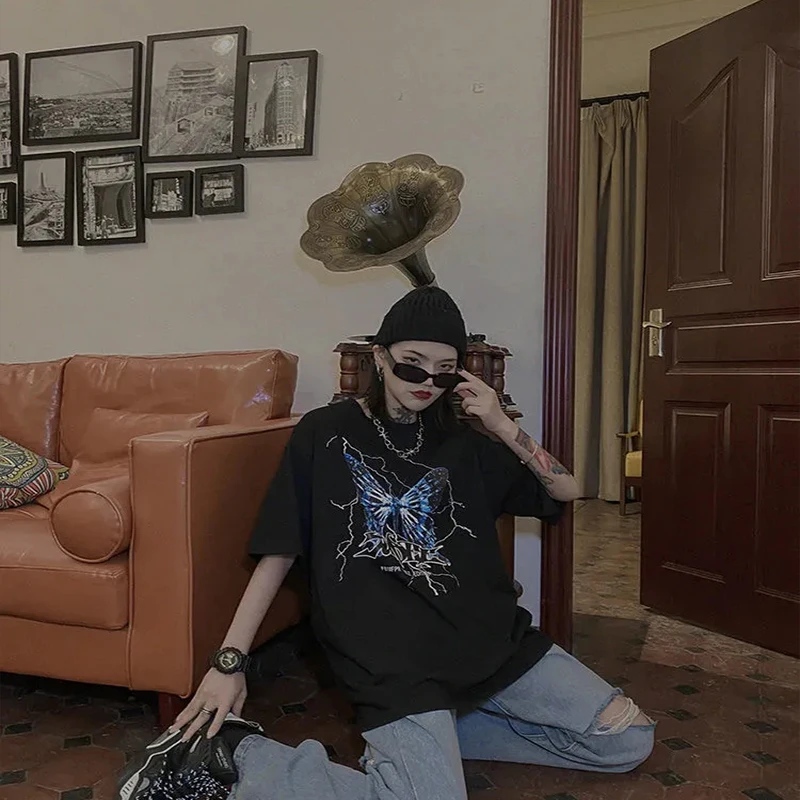 letters print pink T-shirt women tee girl tops Goth clothes tee butterfly top женские футболки Harajuku style cartoon cute Devil