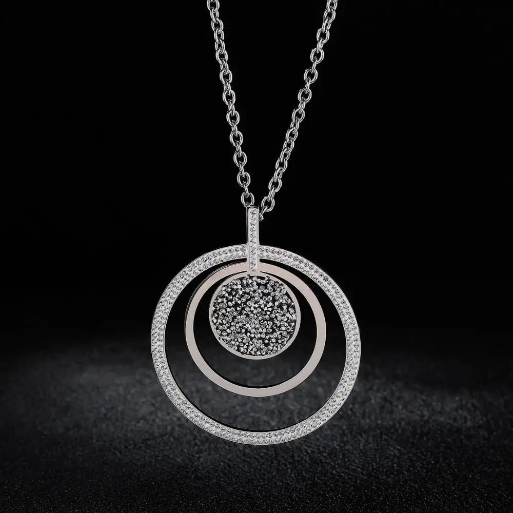 

Luxury Black Crystal Stainless Steel Necklace Sweater Chain Big Circles Pendant Long Necklace Women Fashion Jewelry Accessories