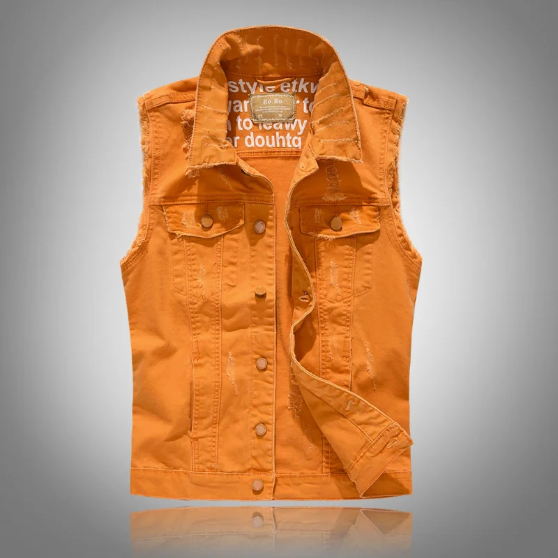 

Autumn New Men's Sleeveless Orange Denim Ripped Hole Vest Top Fashion Solid Color Slim Frayed Male Streetwear Wear Cowboy Coat