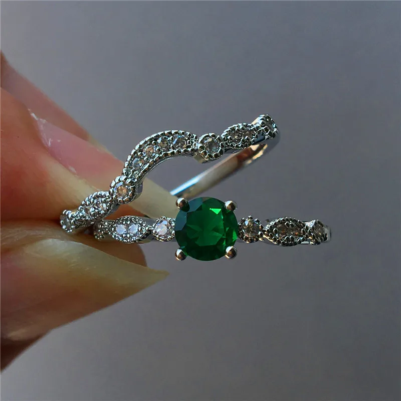 Роскошное женское маленькое круглое циркониевое кольцо набор обещаний зеленые свадебные кольца для женщин Мода 925 Серебро милое обручальное кольцо