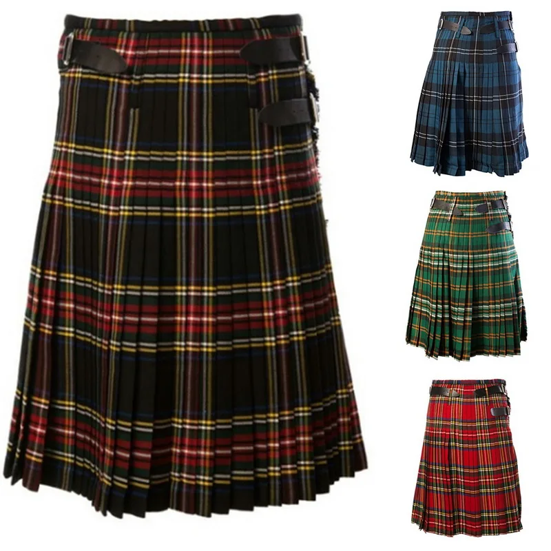 Шотландская Мужская Kilt традиционный ремень в клетку плиссированная Двусторонняя цепь коричневый готический панк шотландская клетка брюки юбки хит