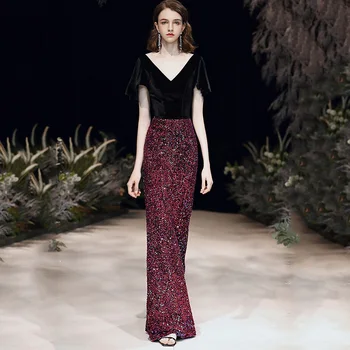 

Exquisite Burgundy Bling Sequins Evening Party Gown Qipao Elegant Black Velvet Deep V-neck Lady Robe De Soiree Maxi Dress 3XL
