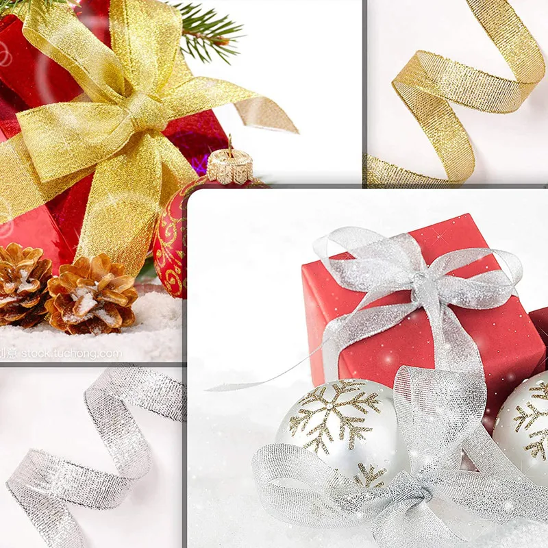 Organza Ribbon 25yards Gold/Silver Organza Ribbon tapes DIY Handicraft accessories For bow making Wedding Supplies Cake Gifts Decoration 6-50mm