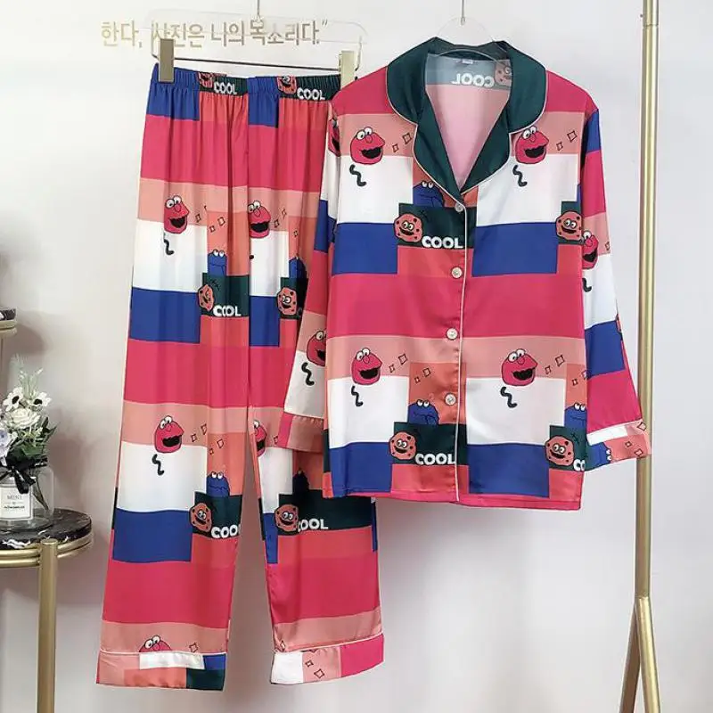 

Autumn 2PCS Sleepwear Satin Pajamas Suit Lady Pajamas Set Casual Nightwear Shirt&Pants Female Sleep Set Silky Loose Home Clothes