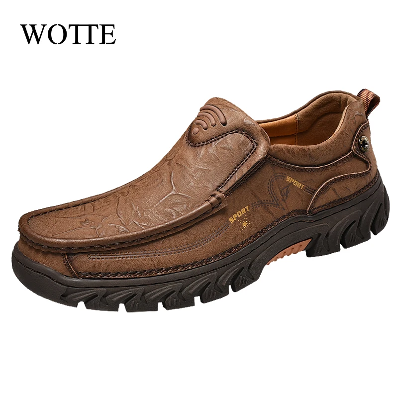 

WOTTE 2020 Men Shoes Classic Genune Leather Casual Shoes Men Lightweight Breathable Outdoor Brown Soft Bottom Big Size 38-48