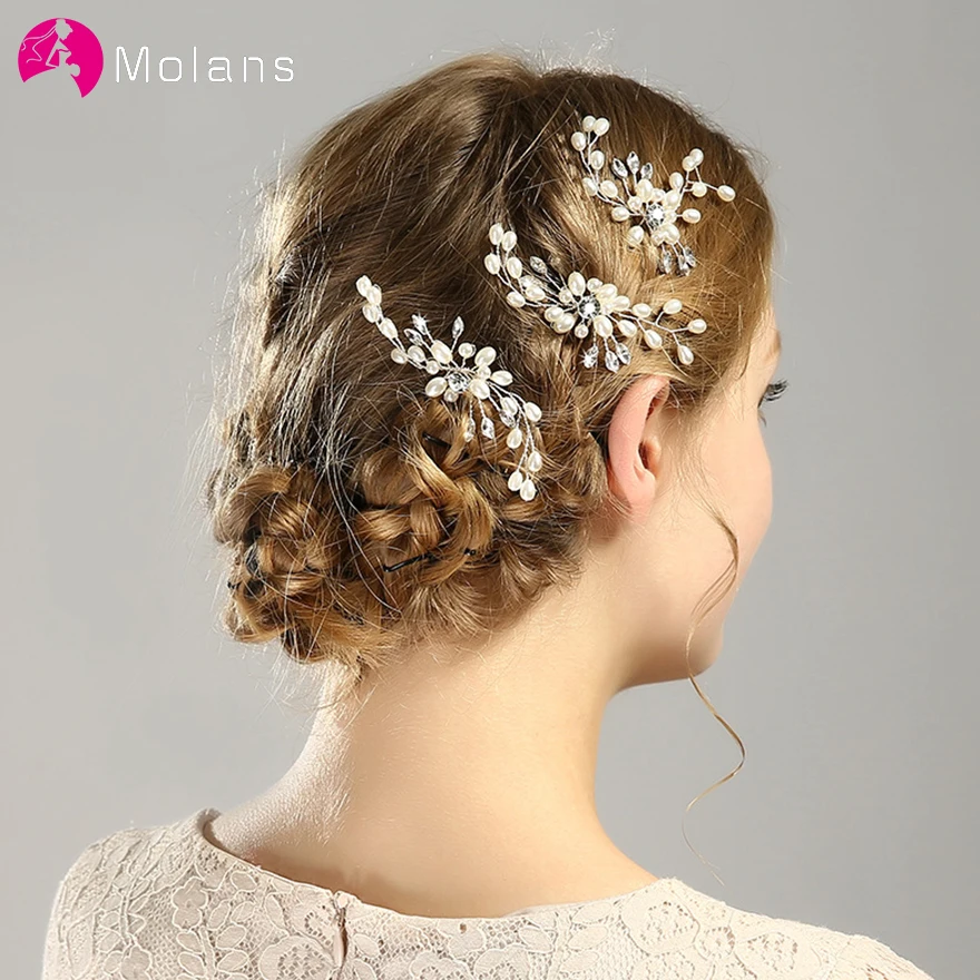 

MOLANS Crystal Pearl Leaves Hairpins for Bride Hair Accessories Temperament Water Drill Handmade Alloy Headdress for Wedding