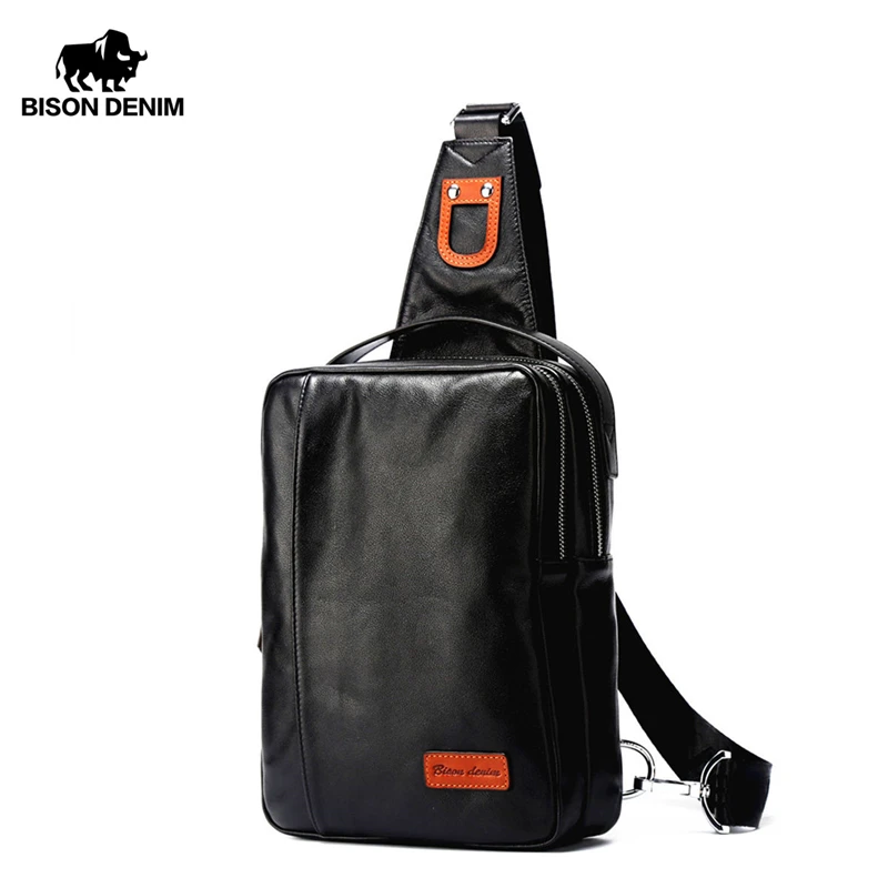 Best BISON DENIM Small Chest Bag Genuine Leather Ipad ProMens Crossbody Bags Black Soft Cowhide Casual Chest Sling Bag For Male N2425