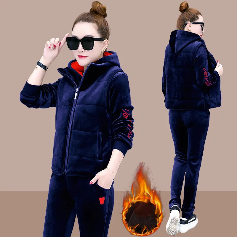 Женский спортивный костюм зимний комплект из 3 предметов золотой бархат вышивка