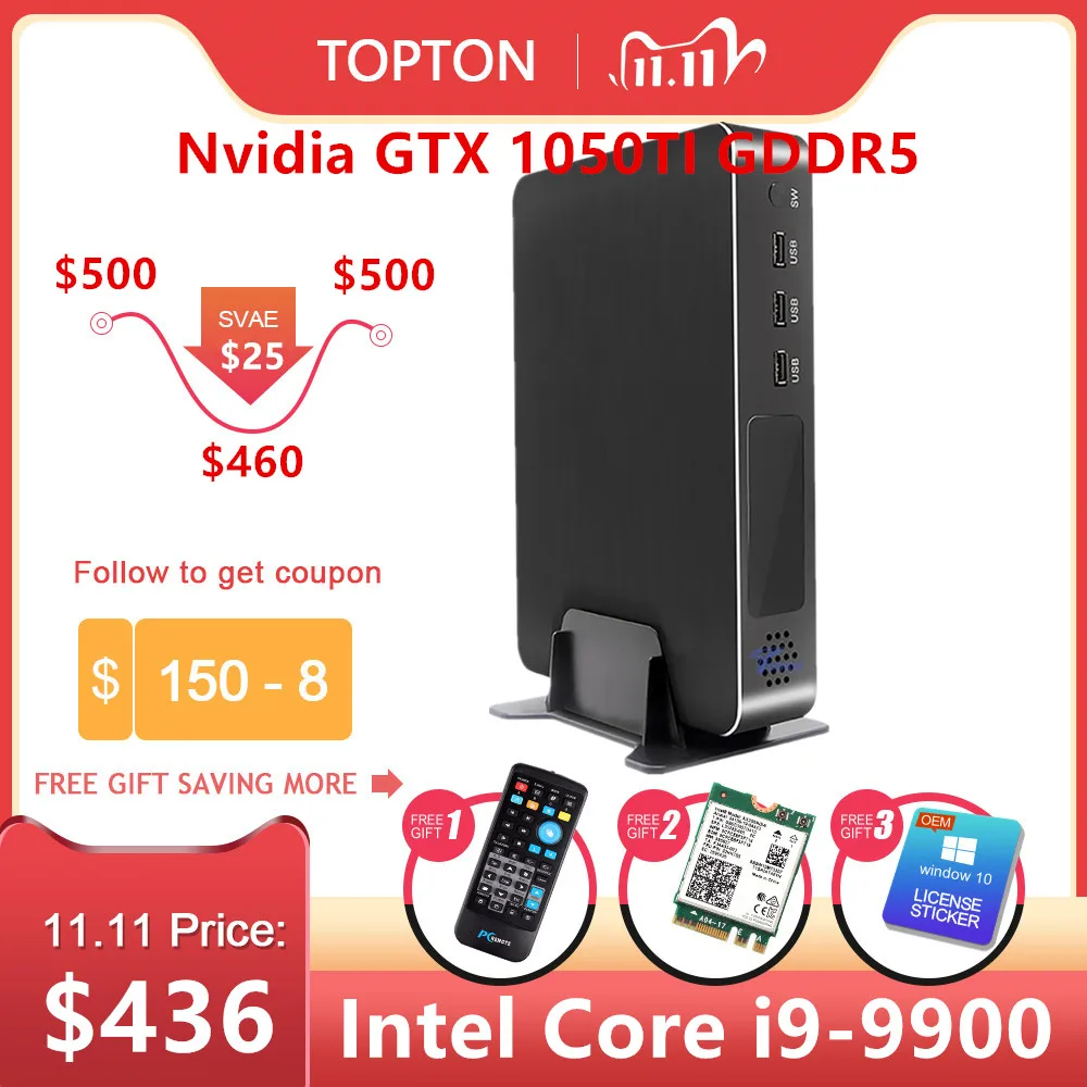 2020Topton для игровых мини ПК i9 9900 i7 9700F i5 9400F GTX 1050TI 4G GPU Win10 Настольный микрокопьютер NVMe