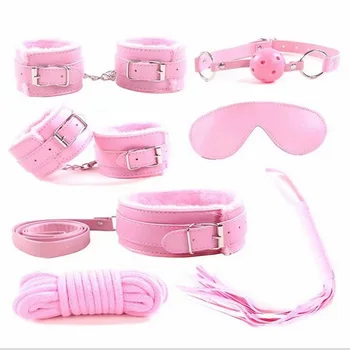 7pcs/set for Woman PU Leather SM Bondage Set Sex Handcuffs Footcuffs Whip Rope Eye Mask Blindfold Erotic Toys Couples 3