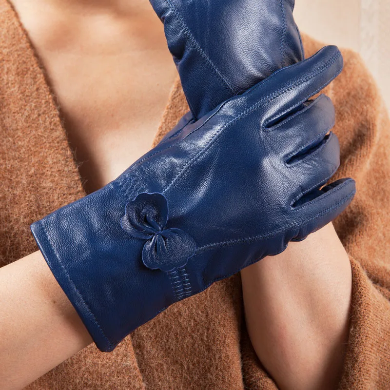 Зимние теплые утолщенные бархатные женские перчатки из натуральной овчины, корейские модные перчатки с бабочкой - Цвет: blue