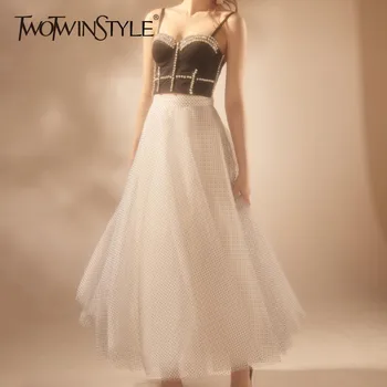 

TWOTWINSTYLE Polka Mesh Skirt Women High Waist Midi Skirts Female Fashion Clothes Korean 2020 Spring Summer New