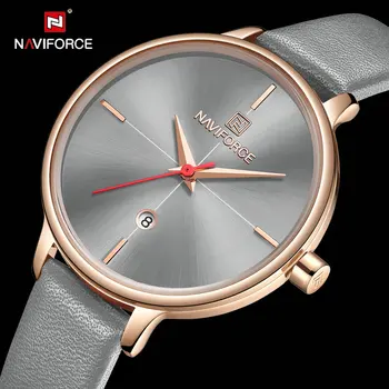 

NAVIFORCE Quartz Women Watches Auto Date Simple Ladies Watch Analog Clock Gray Leather Strap Fashion Wristwatches Waterproof