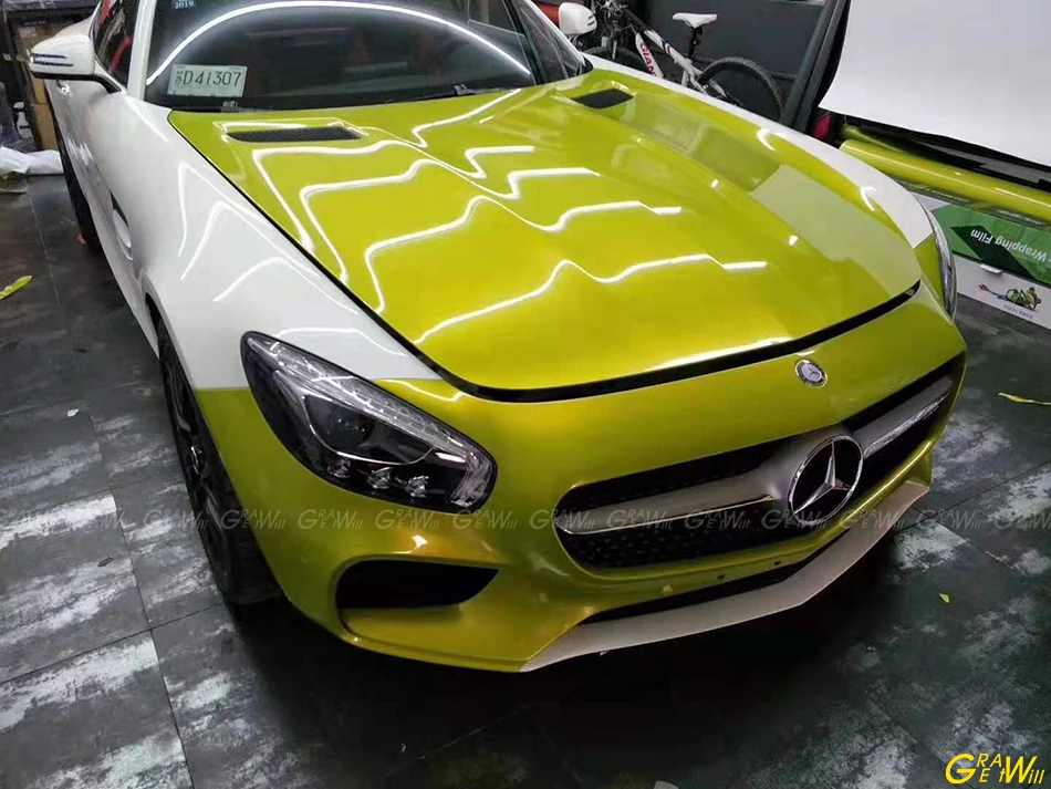 Gloss Metal Paint Lemon Yellow Vinyl Wrap Film Super Glossy Metal Lemon Yellow Car Wrap Sticker Air Bubble Free 1.52*18M/Roll